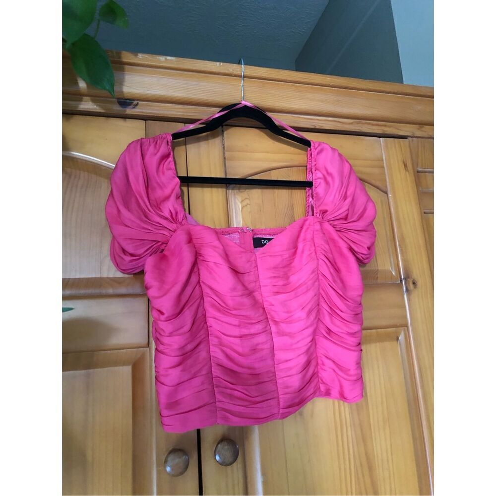 Do+Be Pink Puff Sleeve Ruffle Ruched Top  SZ L - Picture 2 of 10